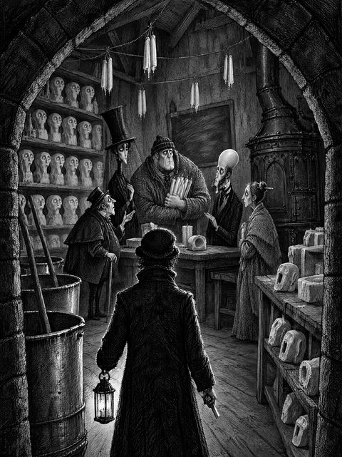 The Wax Kitchen: vats, shelves of wax heads and candles by lantern light
