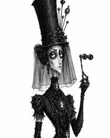Lady Lavinia Snipe in a tall veiled hat, holding a lorgnette