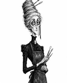 Madame Philippa Tallow, tall and severe, in a sculptor’s apron with her tools