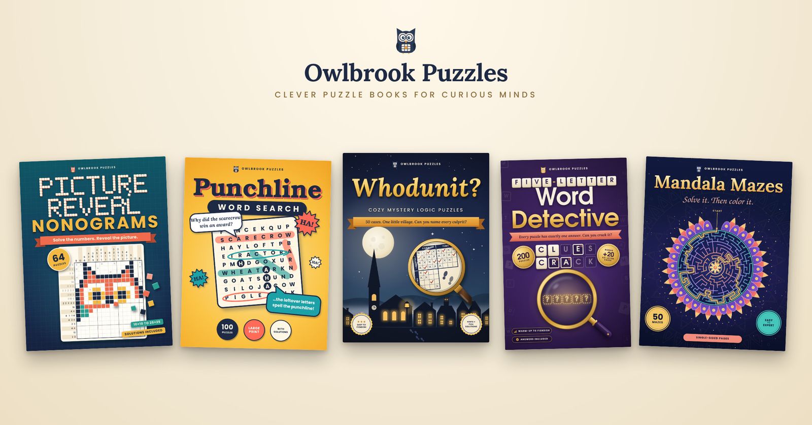 Owlbrook Puzzles: Clever puzzle books for curious minds. The 5 covers side by side.