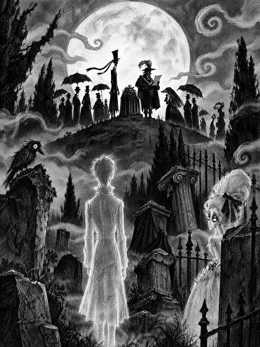 Ghosts on Sepulchre Hill under the moon, watching a funeral below