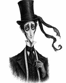 Josiah Coffinwright in his tall hat with its long black ribbon, a measuring tape round his neck