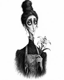 Miss Viola Larkspur, the funeral florist, holding a lily