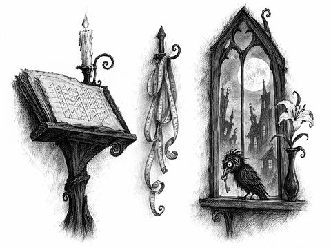 The casebook open on its lectern by candlelight, the measuring tape hanging beside it