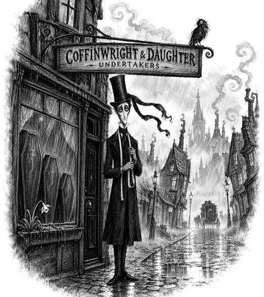 Josiah Coffinwright, very tall in a stovepipe hat with a trailing ribbon, outside the shop of Coffinwright and Daughter, Undertakers, on a rainy street