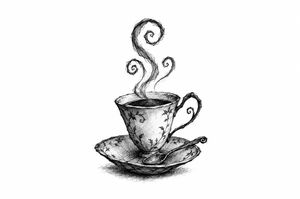 A steaming teacup on its saucer